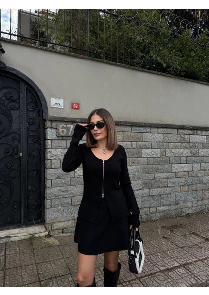 Ikili Fermuarlı Hırkalı Etekli Takım - Siyah -Vlmr fırsatları