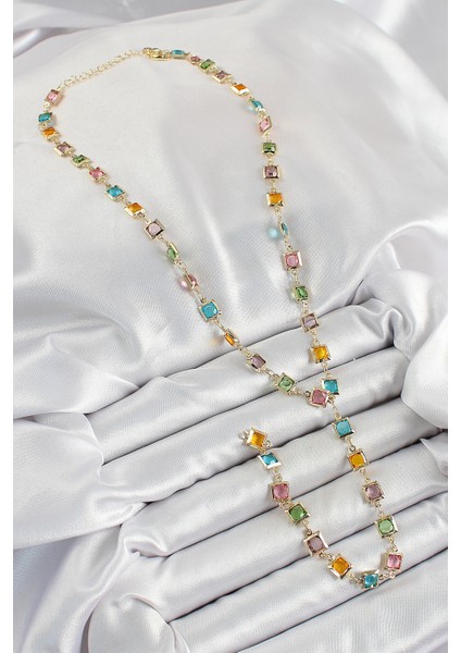 Pirinç Asorti Kare Model Gold Renk Zirkon Taşlı Y Kolye