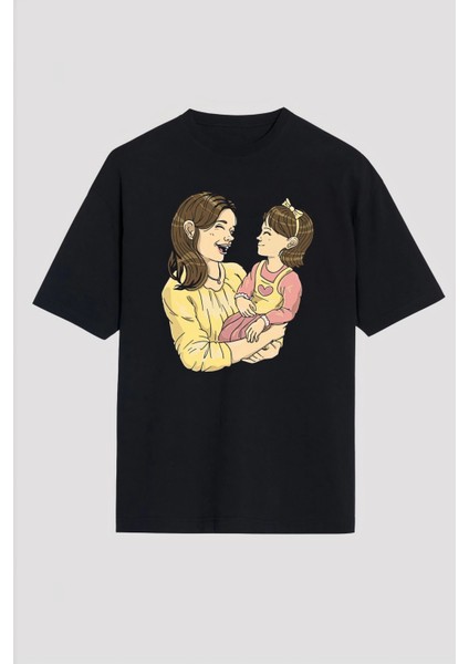 Anneler Gününe Özel Tasarım Anne Kız Baskılı T-Shirt - Siyah -Vlmr