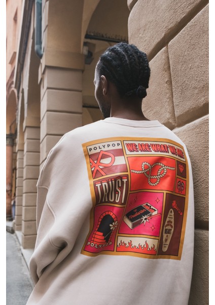 "home" Oversize Fit Cepli Crewneck Sweatshirt Bej