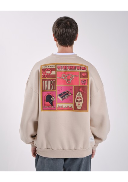 "home" Oversize Fit Cepli Crewneck Sweatshirt Bej fiyatları