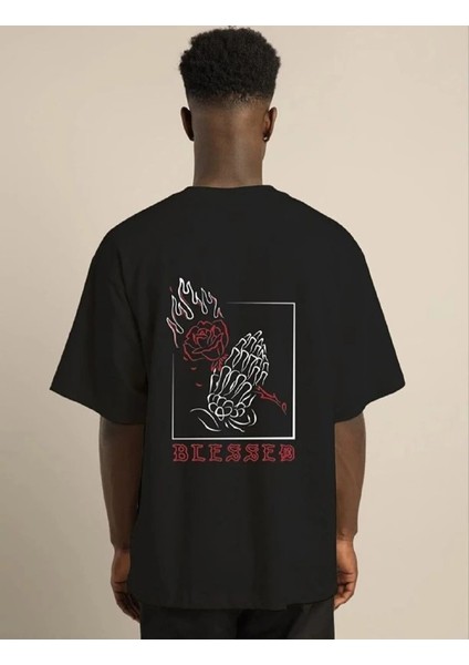 Unisex Bisiklet Yaka Oversize Baskılı T-Shirt - Siyah -Vlmr fiyatları