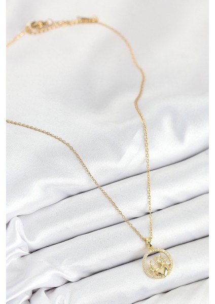 316L Çelik Zirkon Taşlı Yıldız ve Kalp Model Gold Renk Kadın Kolye