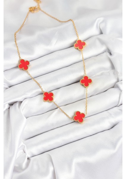 316L Çelik Zincir Gold Kırmızı Renk Yonca Kadın Kolye