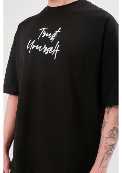 Unisex Bisiklet Yaka Baskılı Oversize T-Shirt - Siyah -Vlmr fiyatları