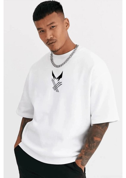 Unisex Bisiklet Yaka Baskılı Oversize T-Shirt - Beyaz -Vlmr