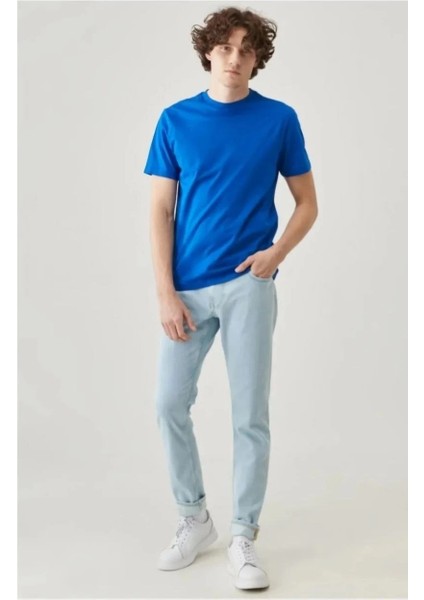 Unisex Düz Biskilet Yaka Oversize T-Shirt - Mavi -Vlmr fırsatları