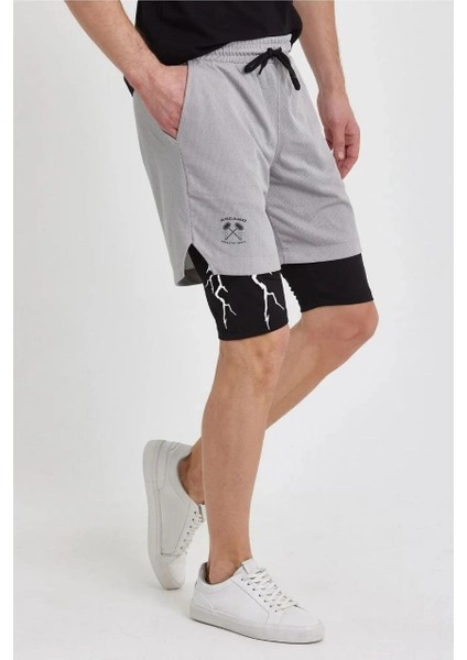 Unisex Baskılı Iç Cepli Sporcu Alt Taytlı Şort - Gri -Vlmr