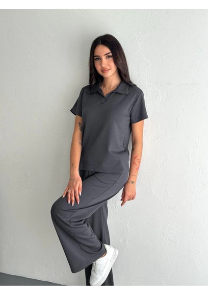 Osy Modal Yumuşak Dokulu Kumaş Kısa Kollu Yakalı T-Shirt Pantalon Ikili Takım- Antrasit -Vlmr indirimleri