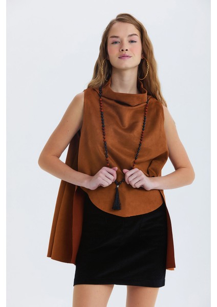 Süet Yaka Detaylı Bohem Bluz Kahverengi