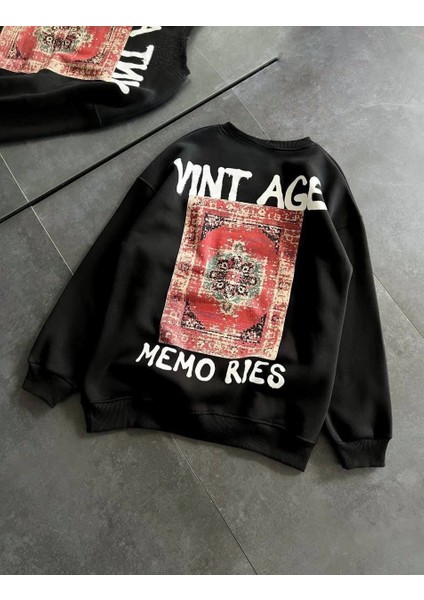 Bisiklet Yaka Üç Iplik Baskılı Oversize Sweatshirt - Siyah -Vlmr