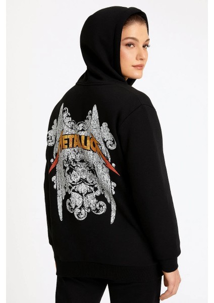 Metallica Iki Iplik Kapüşonlu Ön ve Arka Baskılı Hoodie - Siyah -Vlmr modelleri