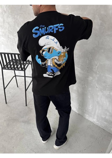 Ön ve Arka Baskılı Oversize Bisiklet Yaka T-Shirt- Siyah -Vlmr modelleri