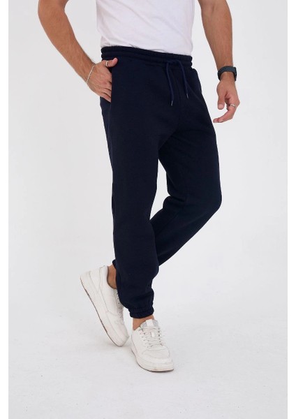 Unisex Kışlık Üç Iplik Lastikli Eşofman Pantolon - Lacivert -Vlmr