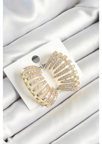 Pirinç Zirkon Taşlı Çoklu Görünümlü Model Gold Renk Kadın Küpe