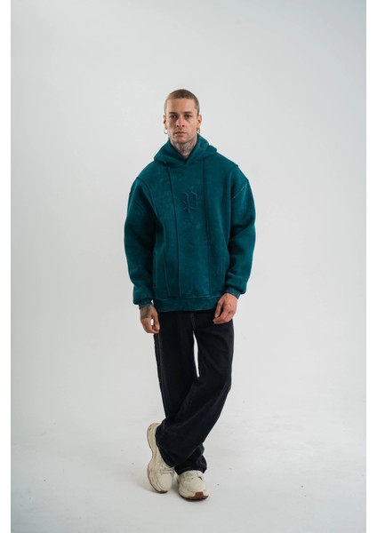 Unisex Uzun Kol Kapşonlu Yıkamalı Nakışlı Sweatshirt - Koyu Deniz Yeşili -Vlmr