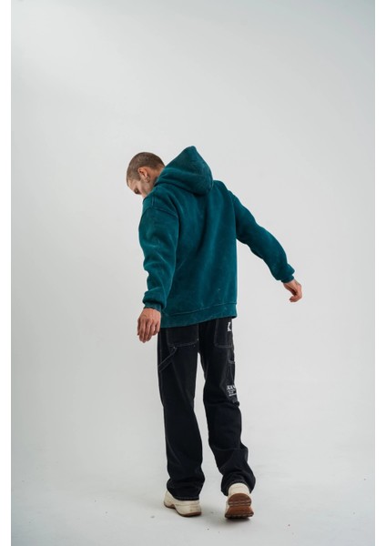 Unisex Uzun Kol Kapşonlu Yıkamalı Nakışlı Sweatshirt - Koyu Deniz Yeşili -Vlmr modelleri