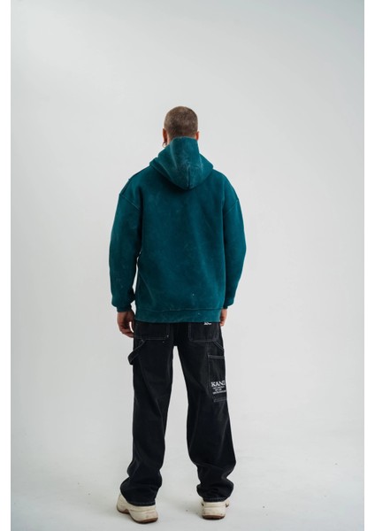 Unisex Uzun Kol Kapşonlu Yıkamalı Nakışlı Sweatshirt - Koyu Deniz Yeşili -Vlmr fırsatları
