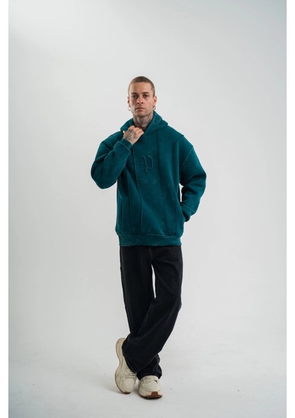 Unisex Uzun Kol Kapşonlu Yıkamalı Nakışlı Sweatshirt - Koyu Deniz Yeşili -Vlmr indirimleri