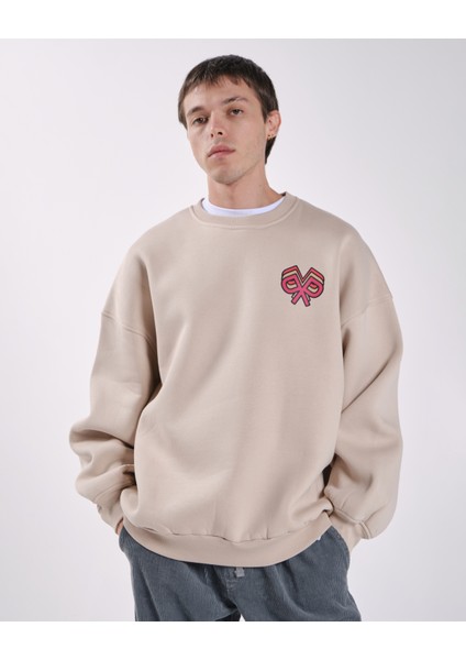 "home" Oversize Fit Cepli Crewneck Sweatshirt Bej indirimleri