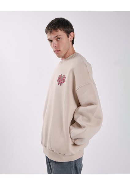 "home" Oversize Fit Cepli Crewneck Sweatshirt Bej