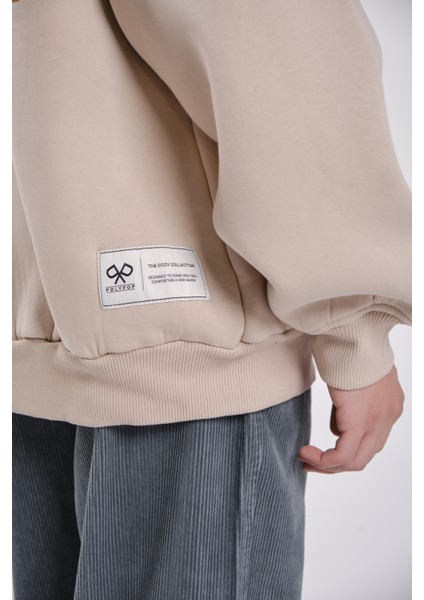 "home" Oversize Fit Cepli Crewneck Sweatshirt Bej