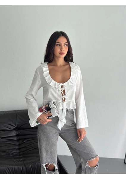 Keten Uzun Kol Bağacık Detaylı Bluz - Beyaz -Vlmr