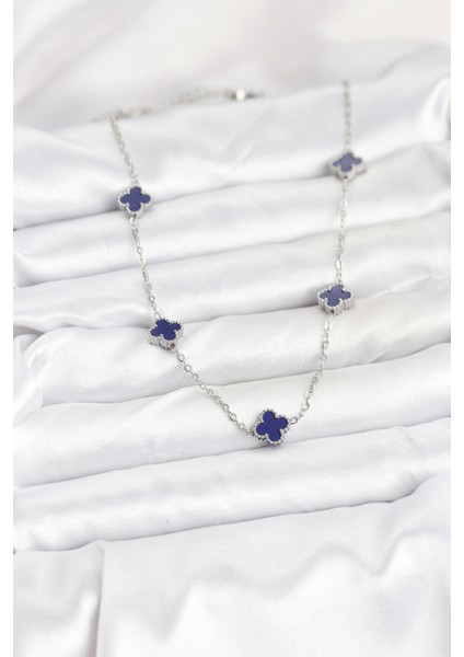 316L Çelik Zincir Gümüş Renk Lacivert Baby Boy Yonca Kadın Kolye