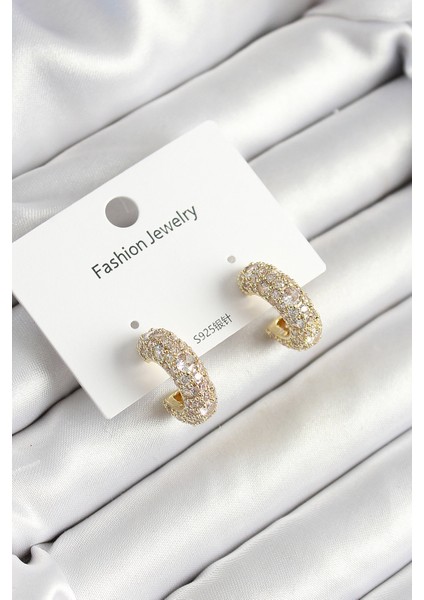 Pirinç Zirkon Taşlı Halka Model Gold Renk Kadın Küpe
