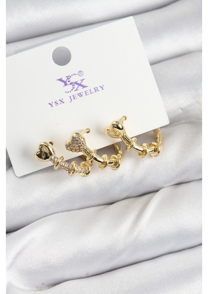 Pirinç Zirkon Taşlı Kalp Model Gold Renk 3 Lü Kadın Küpe