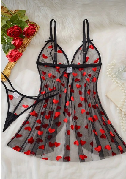 Siyah Tül Kalp Desenli Gecelik