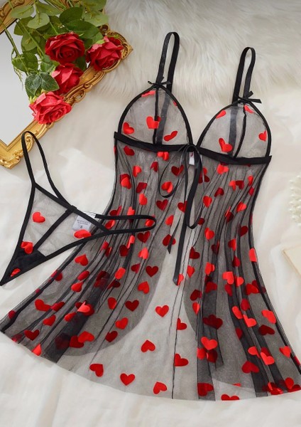 Siyah Tül Kalp Desenli Gecelik fiyatları