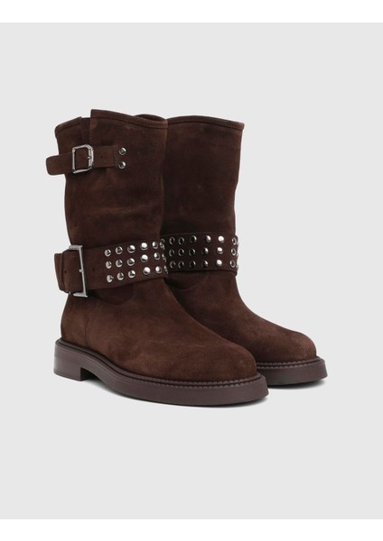 Leopa Hakiki Süet Deri Kahverengi Kadın Bot