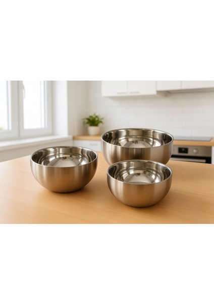 3'lü Paslanmaz Çelik Çift Çidarlı Karştırma Kabı 14-16-18 cm