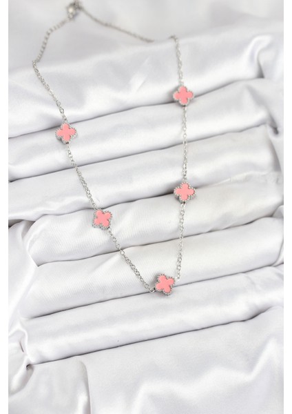 316L Çelik Zincir Gümüş Renk Pembe Baby Boy Yonca Kadın Kolye