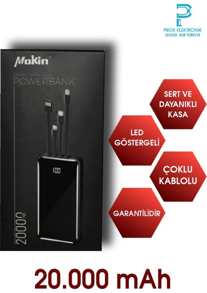 Powerbank 20.000 Mah Dijital Göstergeli Dahili Çoklu Kablolu 12W Süper Tasarım