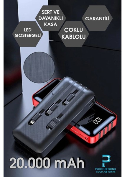 Powerbank 20.000 Mah Dijital Göstergeli Dahili Çoklu Kablolu 12W Süper Tasarım fırsatları