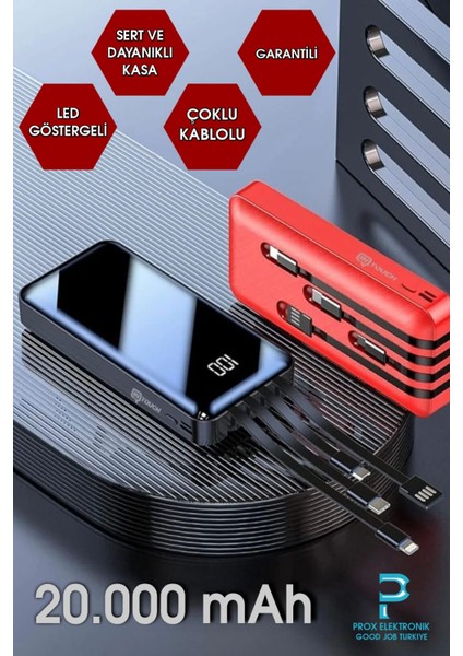 Powerbank 20.000 Mah Dijital Göstergeli Dahili Çoklu Kablolu 12W Süper Tasarım indirimleri