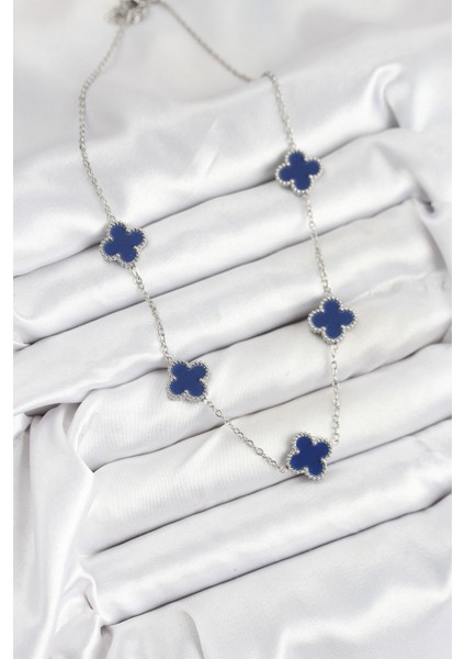 316L Çelik Zincir Gümüş Lacivert Renk Yonca Kadın Kolye