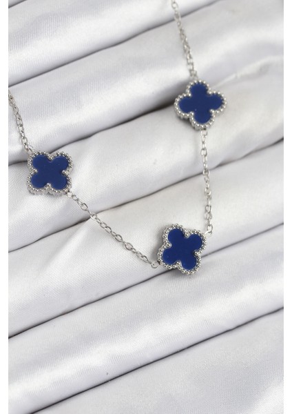 316L Çelik Zincir Gümüş Lacivert Renk Yonca Kadın Kolye fiyatları