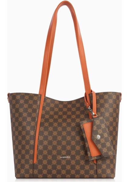 Kartlık Charm Detaylı Monogram Kadın El – Omuz Çantası – 7604P - Kahve/kiremit