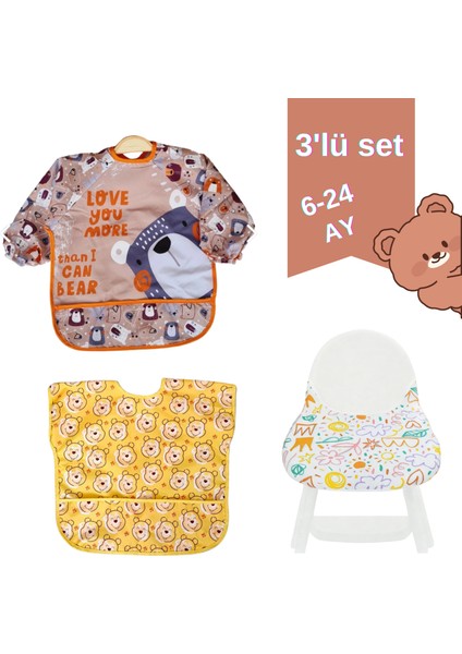 Sıvı Geçirmez Mama 3'lü Set – Uzun Kollu Önlük + Kolsuz Önlük + Mama Sandalyesi Örtüsü | Bebek Beslenme Önlüğü | Kolay Temizlenir | 6-36 Ay