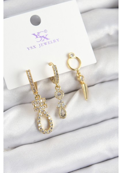 Pirinç Zirkon Taşlı Sallantılı Model Gold Renk 3 Lü Kadın Küpe