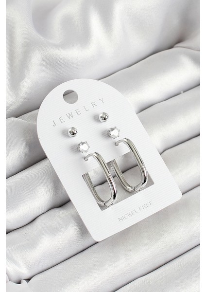 Pirinç Zirkon Taş ve Dikdörtgen Figürlü Gümüş Renk 3 Lü Çift Kadın Küpe Set