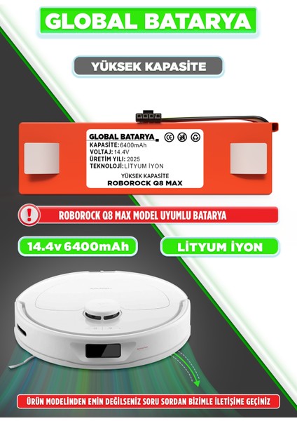 Roborock Q8 Max Uyumlu Akıllı Robot Süpürge Bataryası 14.4V 6400MAH Li-Ion Pil (Yüksek Kapasite)