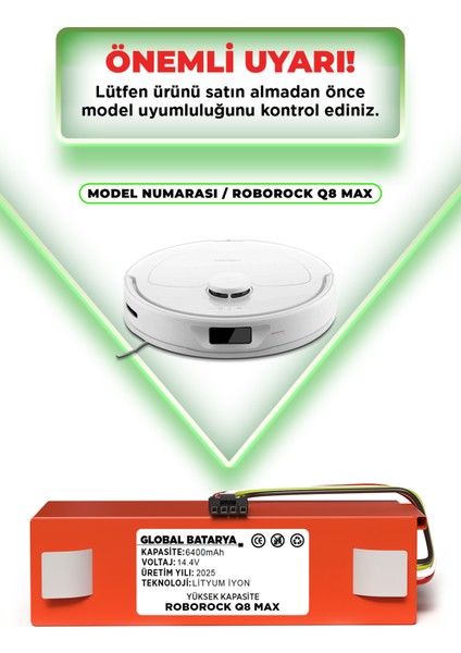 Roborock Q8 Max Uyumlu Akıllı Robot Süpürge Bataryası 14.4V 6400MAH Li-Ion Pil (Yüksek Kapasite) indirimleri