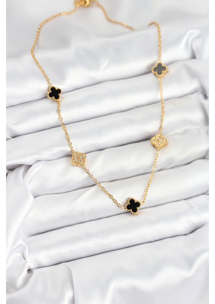 316L Çelik Zincir Gold Renk Siyah ve Zirkon Taşlı Baby Boy Yonca Kadın Kolye