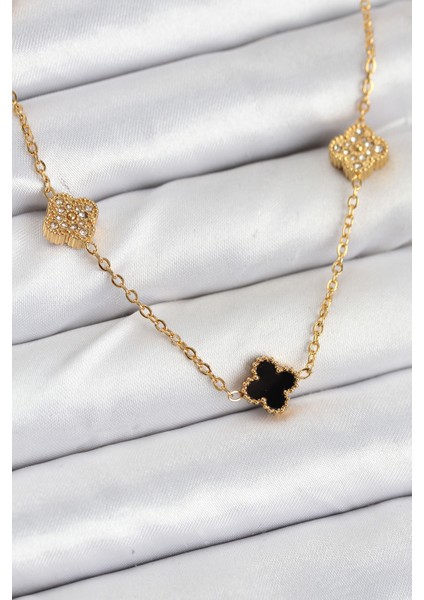 316L Çelik Zincir Gold Renk Siyah ve Zirkon Taşlı Baby Boy Yonca Kadın Kolye fiyatları