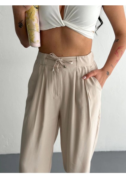 Kadın Yüksel Bel Beli Bağcıklı Rahat Boru Paça Pantalon - Kırık Beyaz -Vlmr