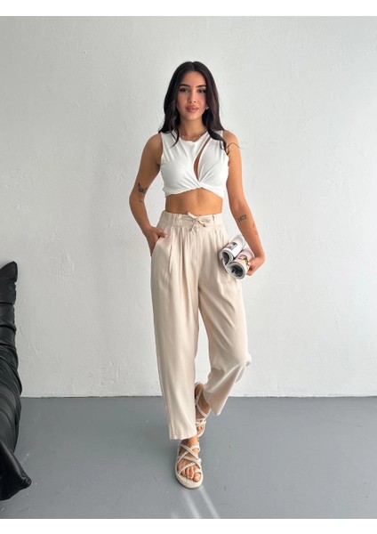 Kadın Yüksel Bel Beli Bağcıklı Rahat Boru Paça Pantalon - Kırık Beyaz -Vlmr fiyatları